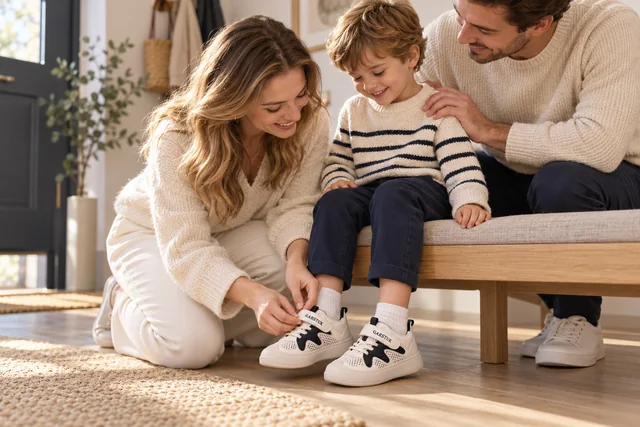 A family helps a child fasten GARSTUK shoes