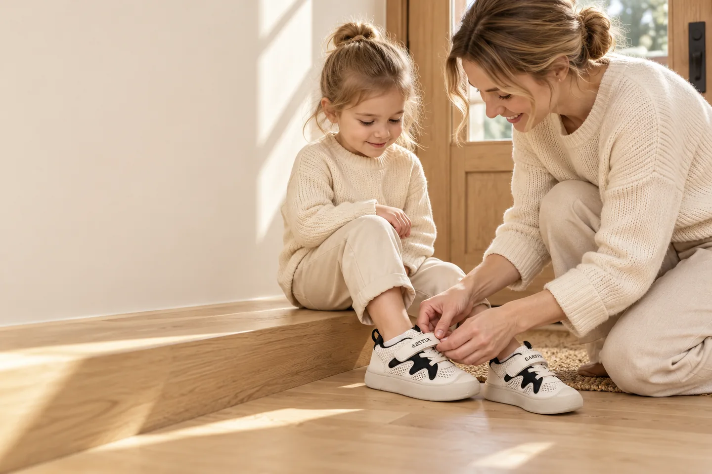 A mother helps a child fasten GARSTUK footwear