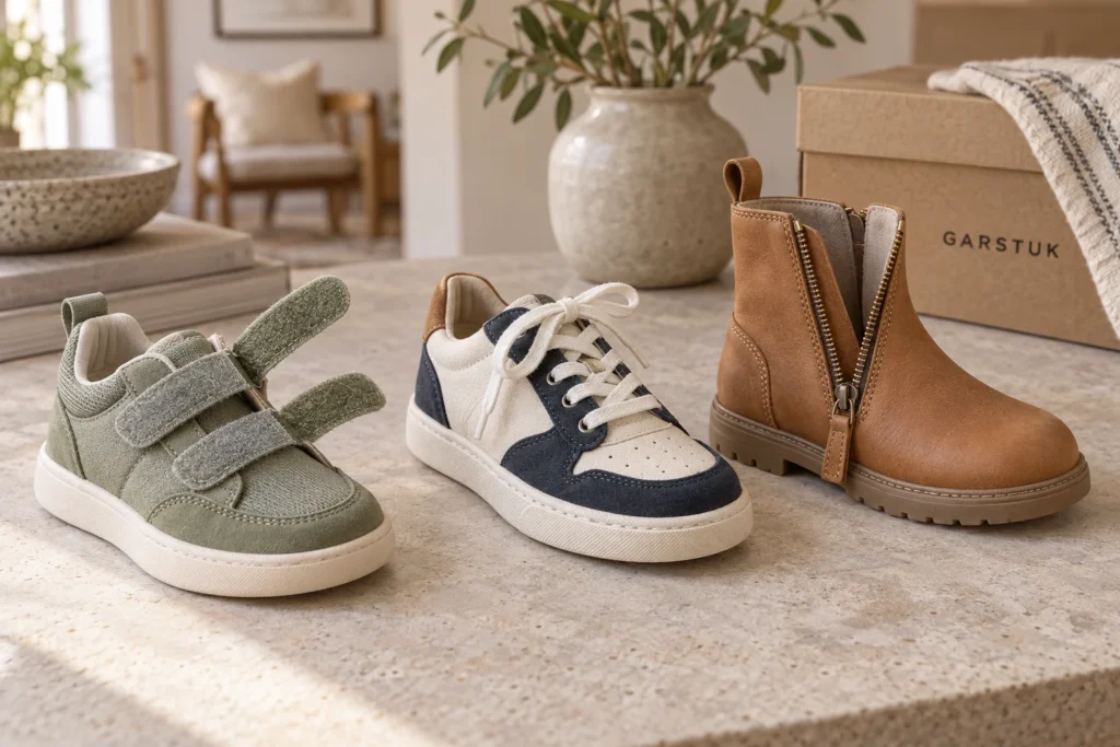 Children’s shoe fastenings: hook-and-loop straps, laces and zips